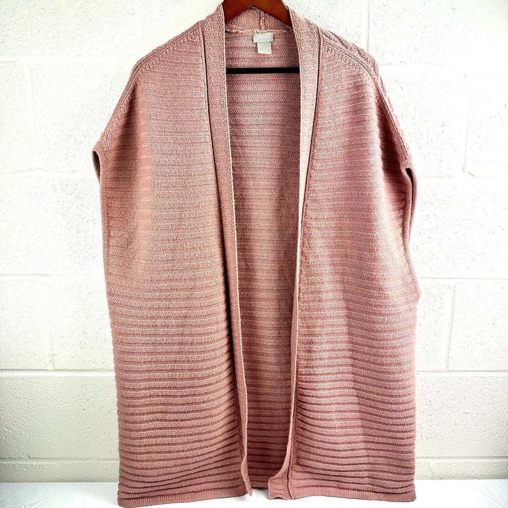 Chicos Pink Ribbed Open Front Knit Cardigan Metallic Weave Sz XL